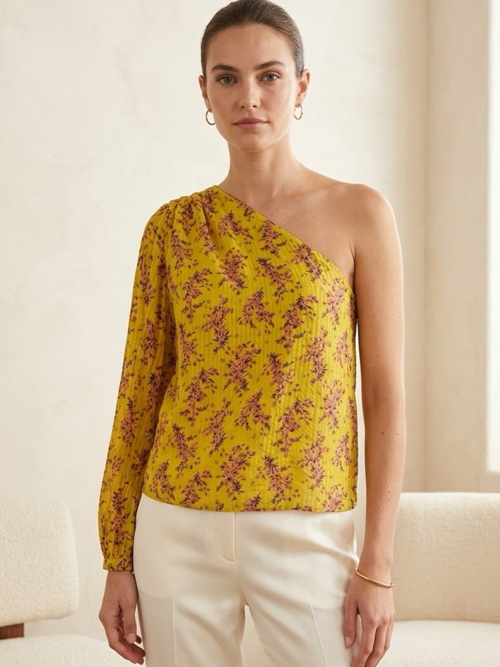 Ulla Johnson Enid Silk Blouse One Shoulder Chartreuse Floral Size 4